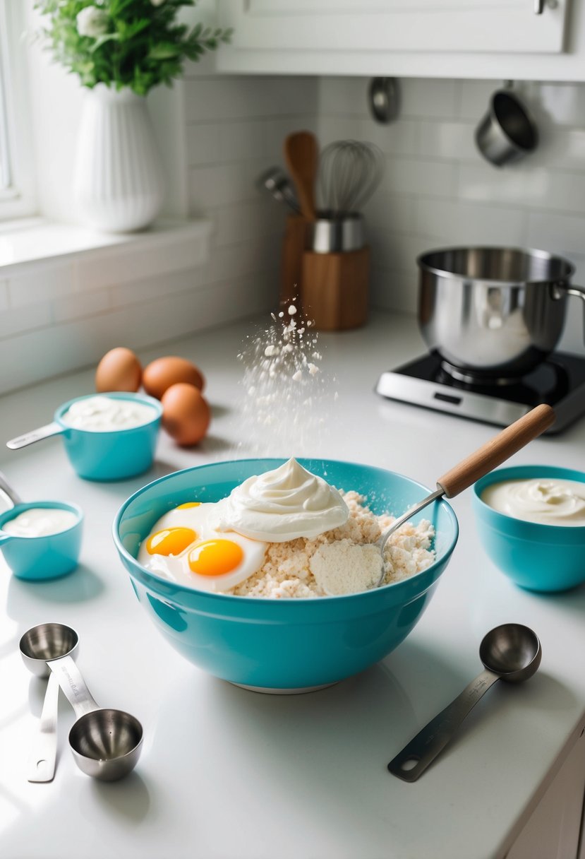 A mixing bowl filled with cake mix, Greek yogurt, and eggs, surrounded by measuring cups and spoons on a clean kitchen counter