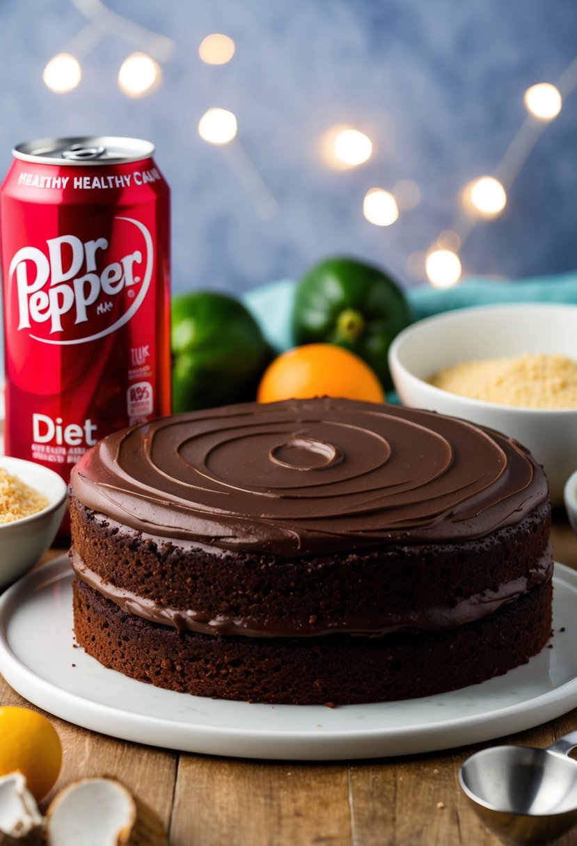 A decadent chocolate fudge cake sits next to a can of Diet Dr. Pepper, surrounded by ingredients for a healthy cake mix recipe