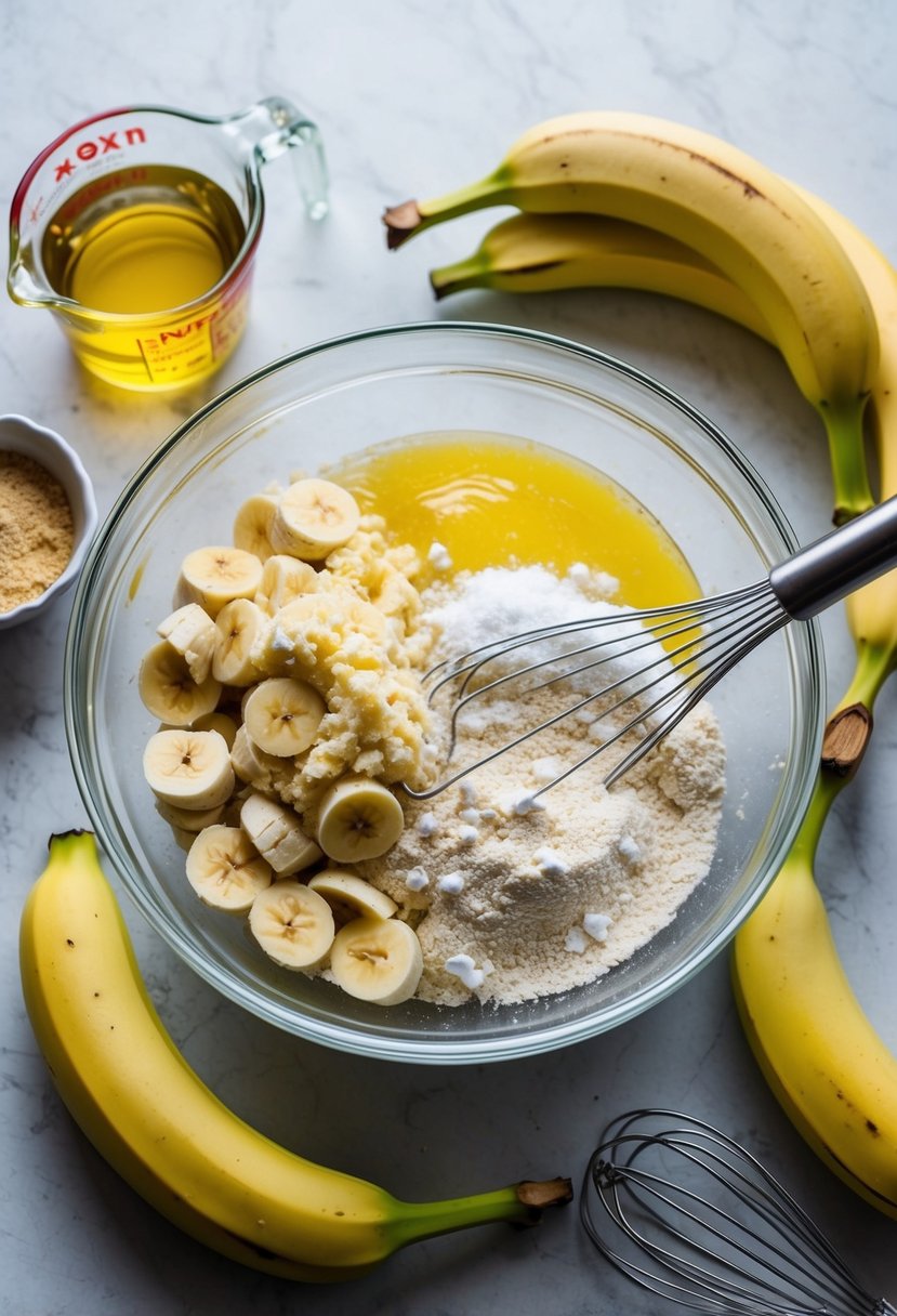 A mixing bowl filled with mashed bananas, cake mix, and a measuring cup of oil, surrounded by fresh bananas and a whisk