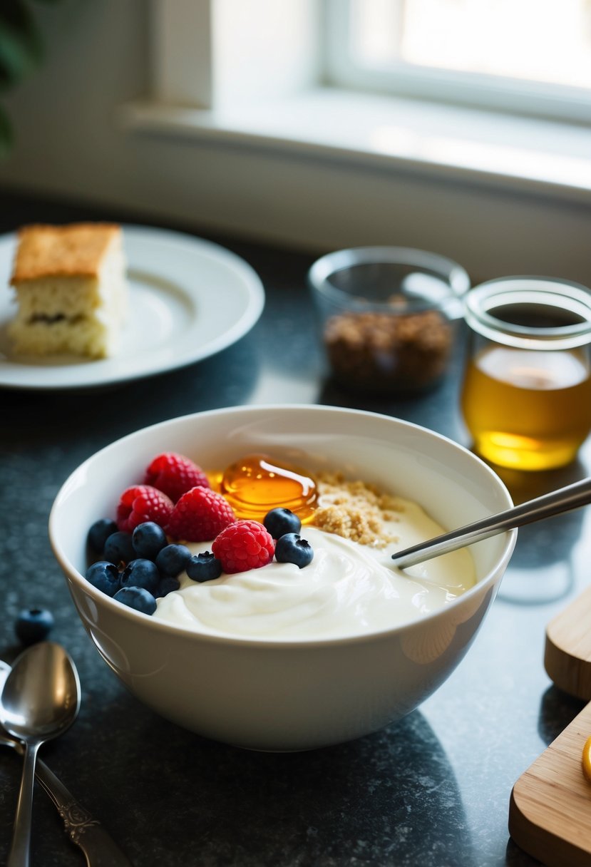 A mixing bowl filled with Greek yogurt, low-calorie cake mix, and fresh ingredients like berries and honey on a kitchen countertop