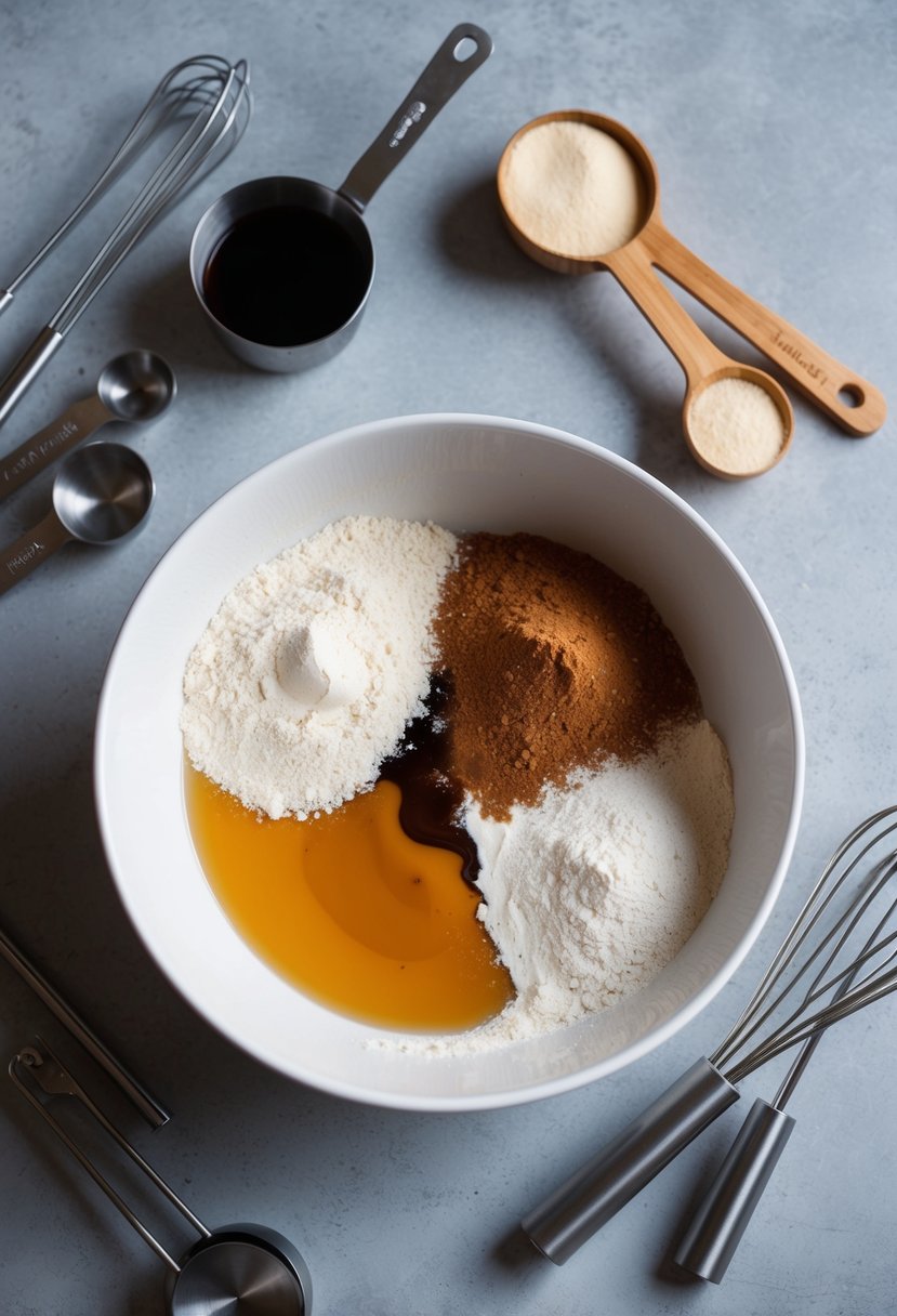 A mixing bowl filled with whole wheat flour, vanilla extract, and maple syrup, surrounded by measuring spoons and a whisk