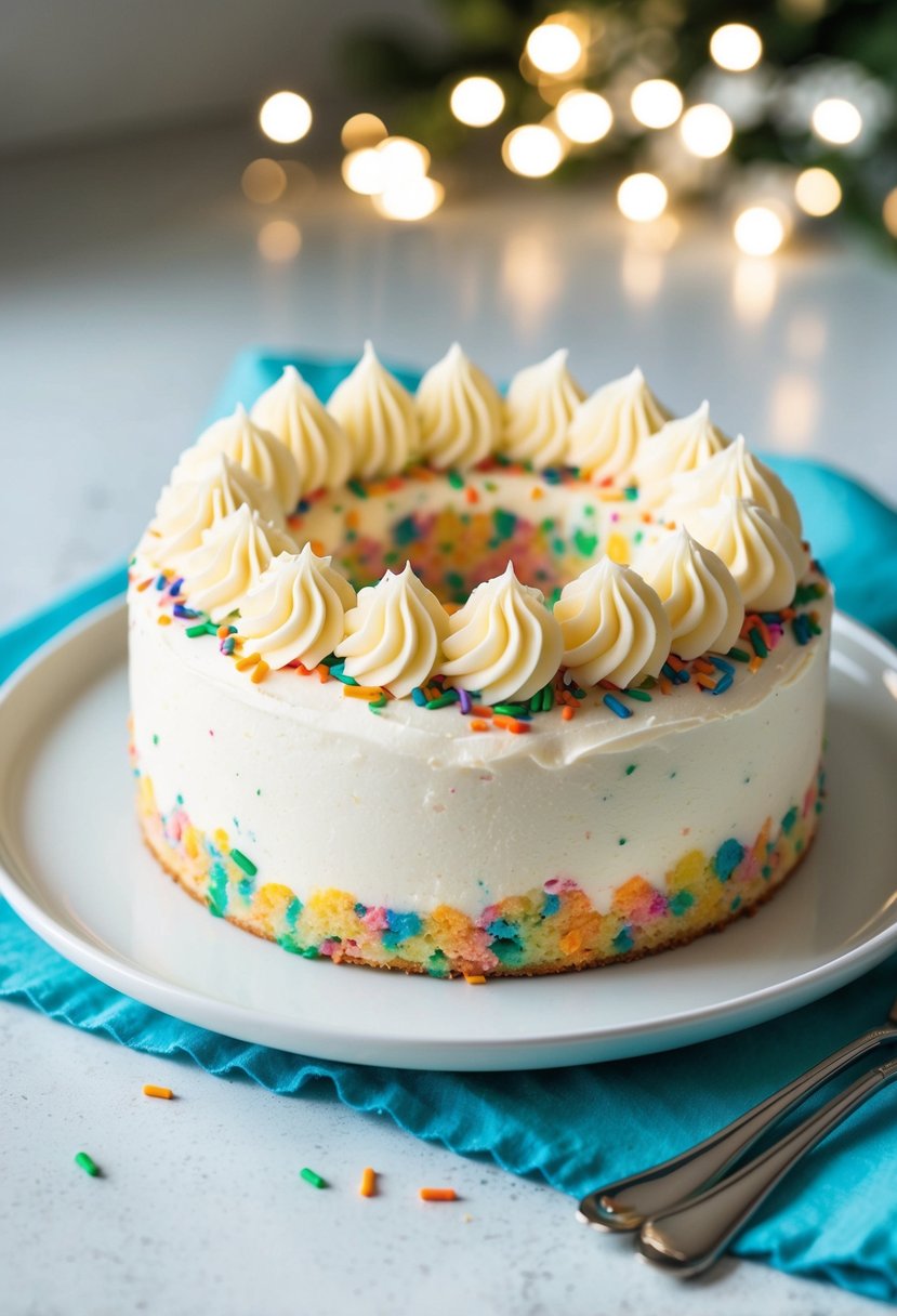 A colorful Funfetti cake sits on a white plate, topped with a light, fluffy frosting