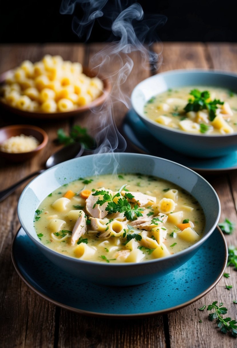 A steaming bowl of creamy chicken soup with pasta and herbs on a rustic wooden table