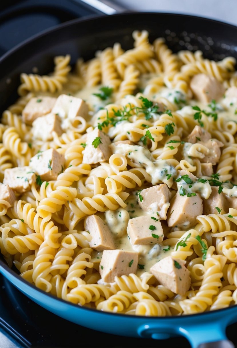 A skillet with creamy chicken pasta, incorporating cream of chicken soup and pasta, simmering on a stovetop