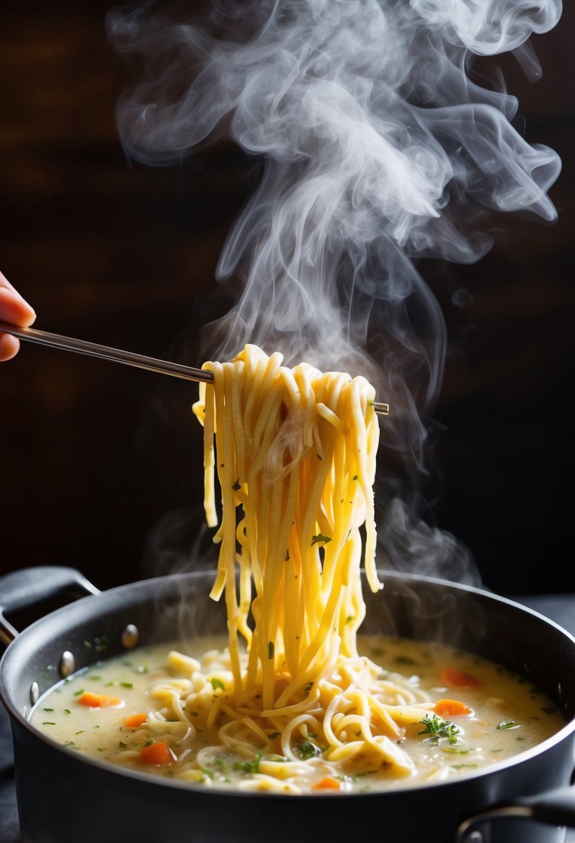 A pot of boiling noodles being stirred into a creamy chicken soup with steam rising