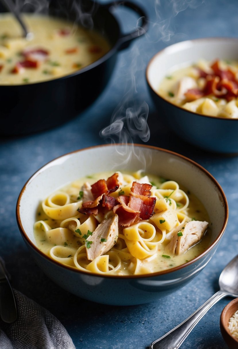 A steaming bowl of Chicken Carbonara pasta with smoked bacon and creamy chicken soup