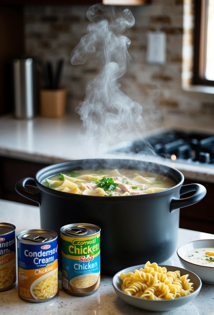 A steaming pot of chicken and noodle soup, with cans of condensed cream of chicken soup and pasta on the counter