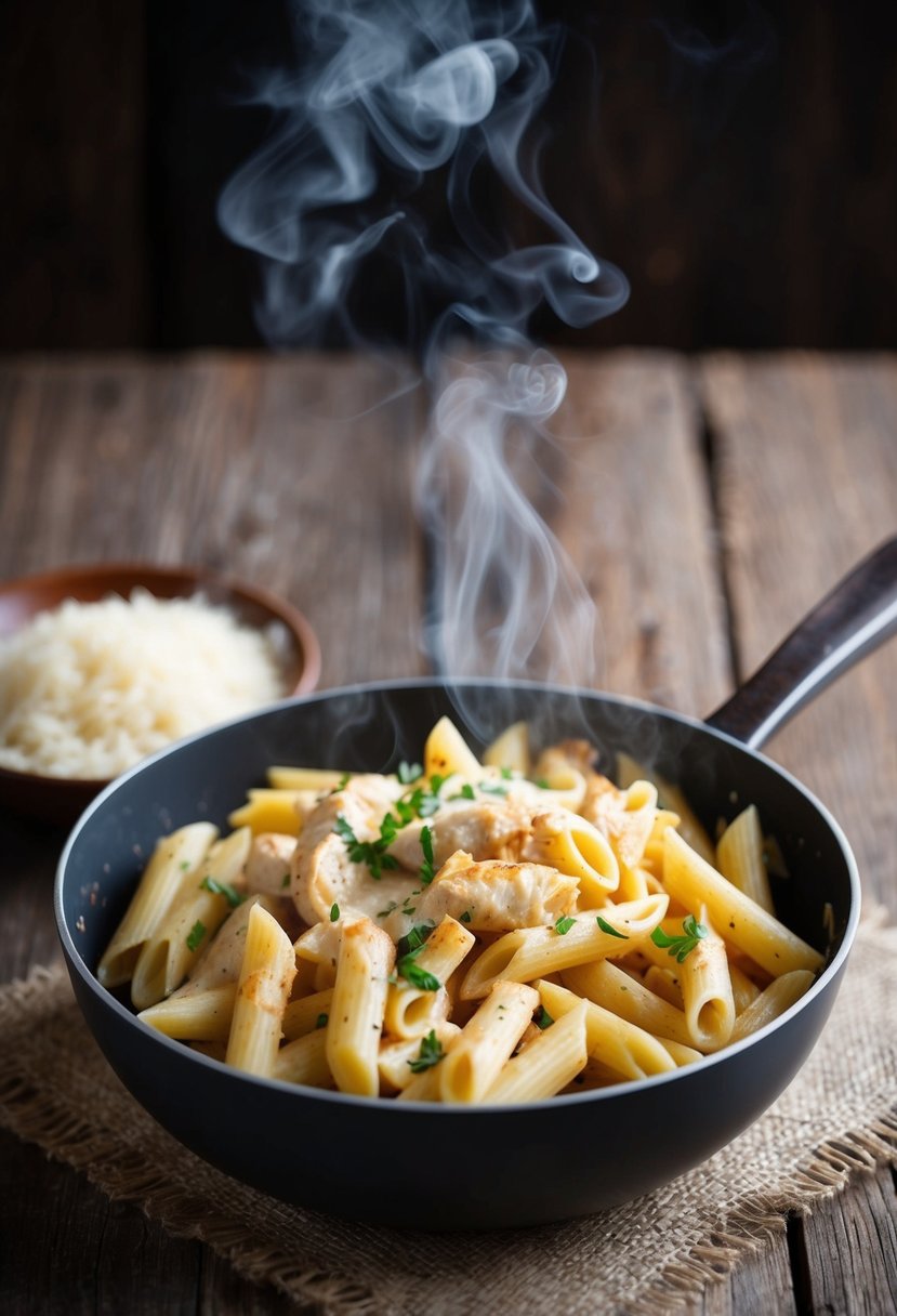 A steaming pot of creamy parmesan chicken penne pasta on a rustic wooden table