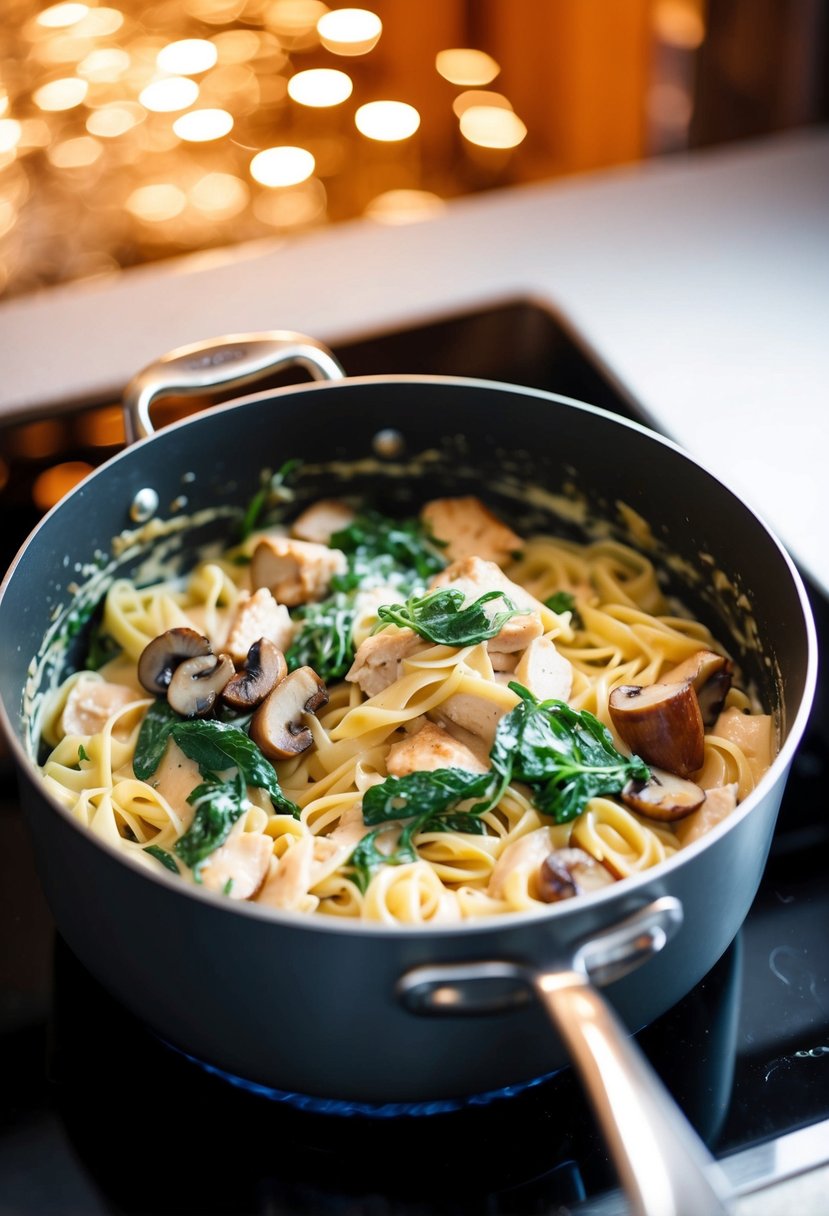 A pot of creamy chicken pasta with spinach and mushrooms simmering on a stove