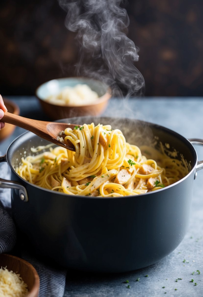 A steaming pot of creamy garlic chicken linguini being stirred with a wooden spoon