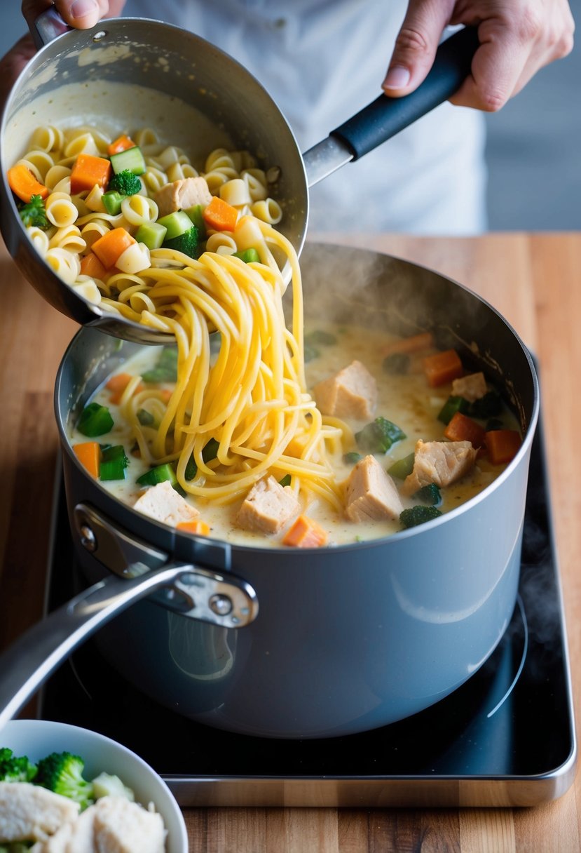 A pot of boiling pasta with diced chicken and mixed vegetables being stirred into a creamy sauce