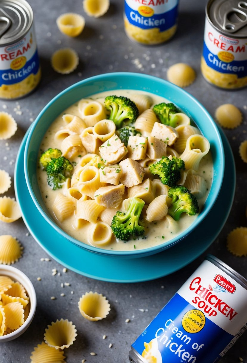 A steaming bowl of creamy pasta with chunks of chicken and broccoli, surrounded by cans of cream of chicken soup and scattered pasta shells