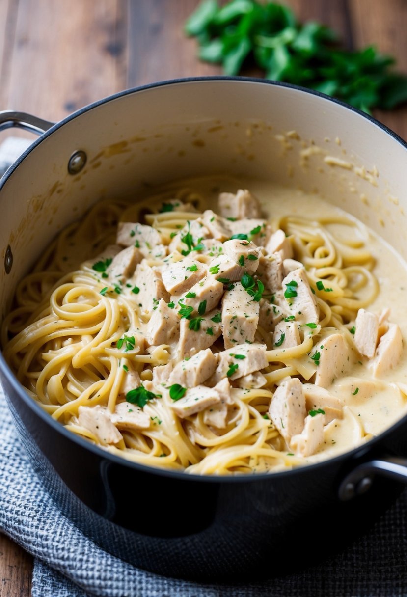 A pot of creamy chicken Alfredo sauce simmering with pasta