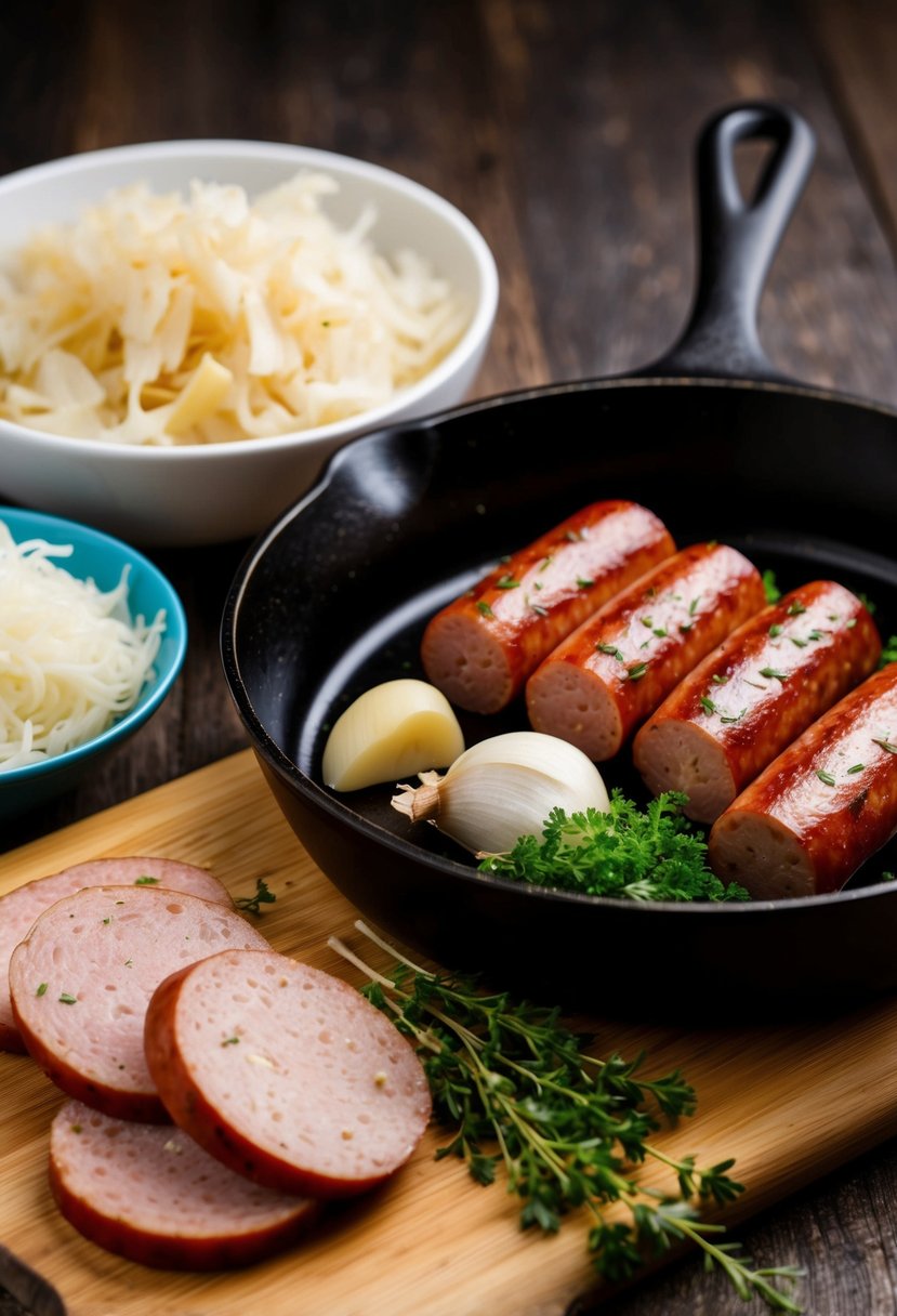 A wooden cutting board with sliced kielbasa, garlic, and herbs next to a skillet and a bowl of sauerkraut