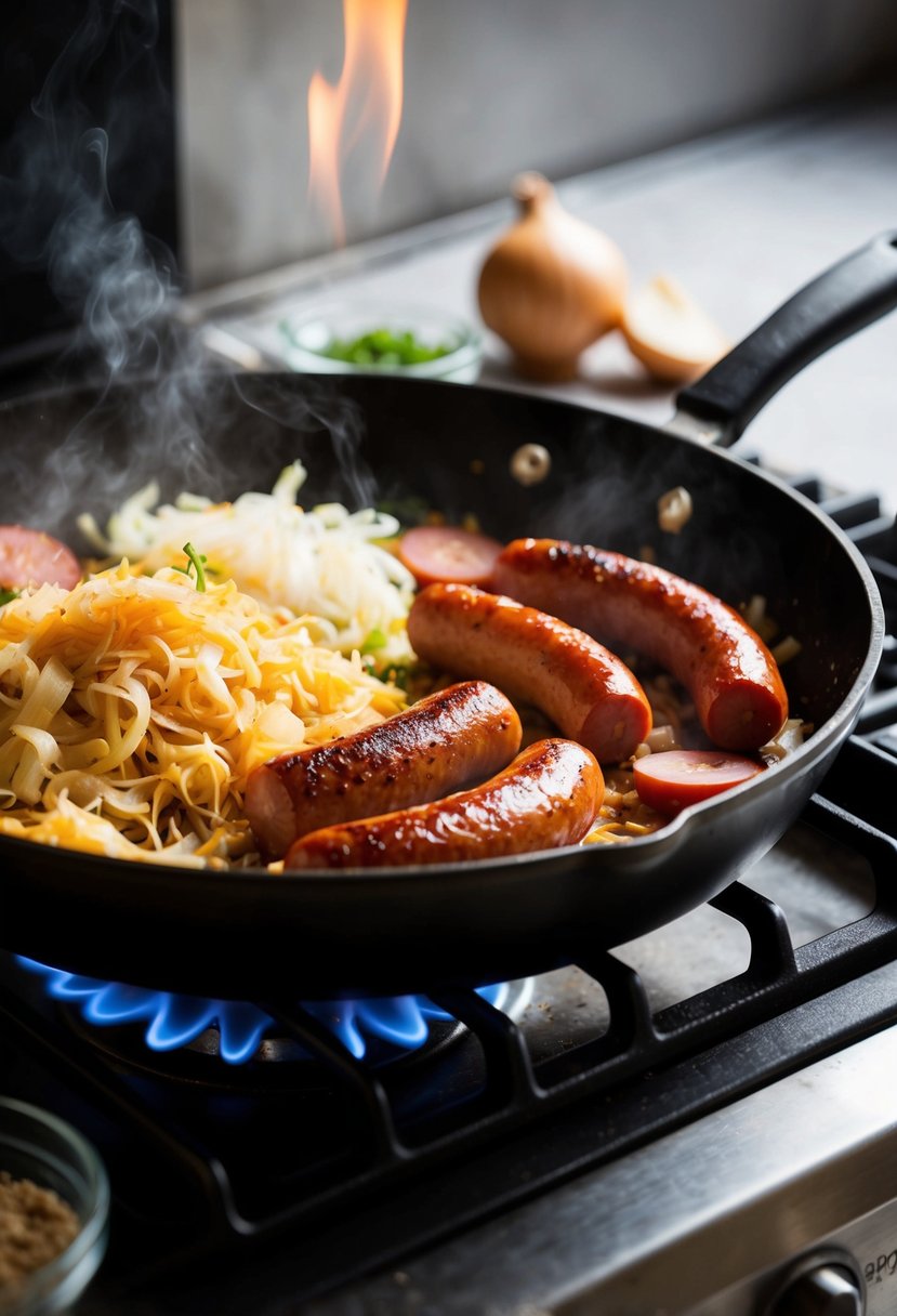 A sizzling skillet with kielbasa and sauerkraut cooking over a gas flame. Onions and spices scattered next to the pan