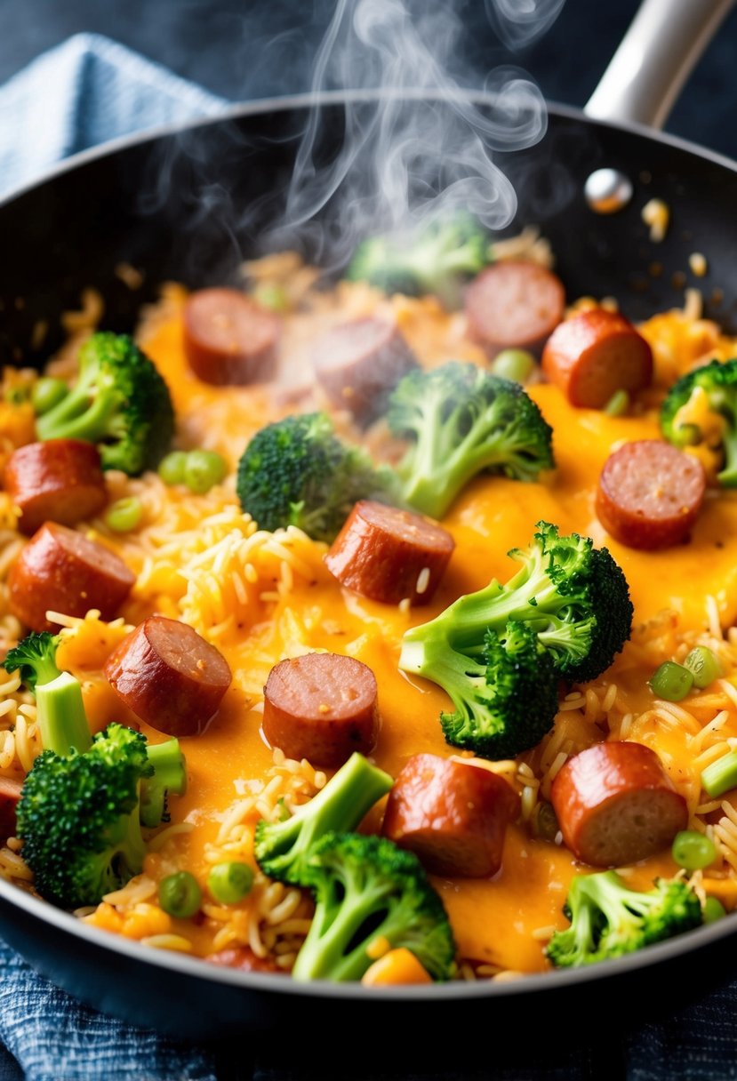 A skillet sizzling with cheesy kielbasa, rice, and broccoli, steam rising as the ingredients are mixed together