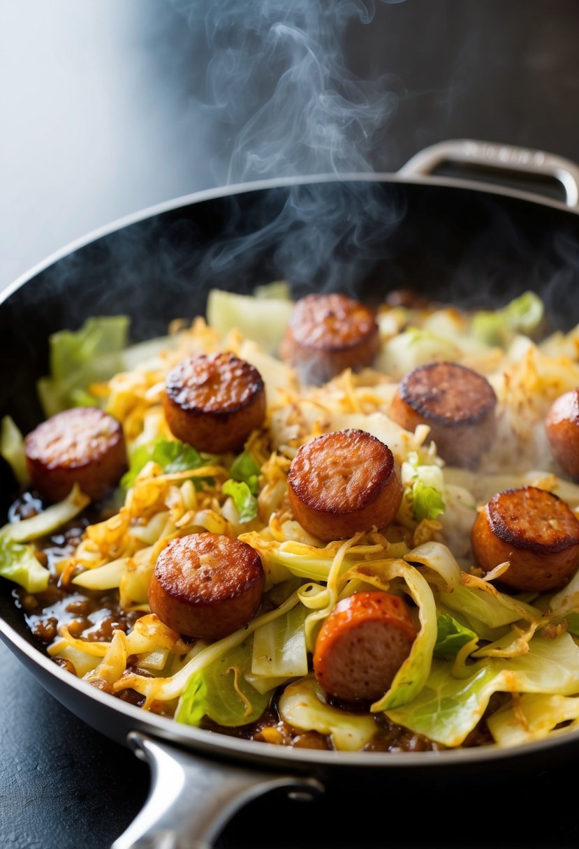 A sizzling skillet with spicy kielbasa and cabbage cooking together, emitting a mouthwatering aroma