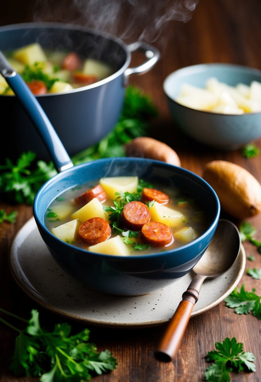 A steaming pot of kielbasa potato soup surrounded by fresh ingredients and a rustic ladle