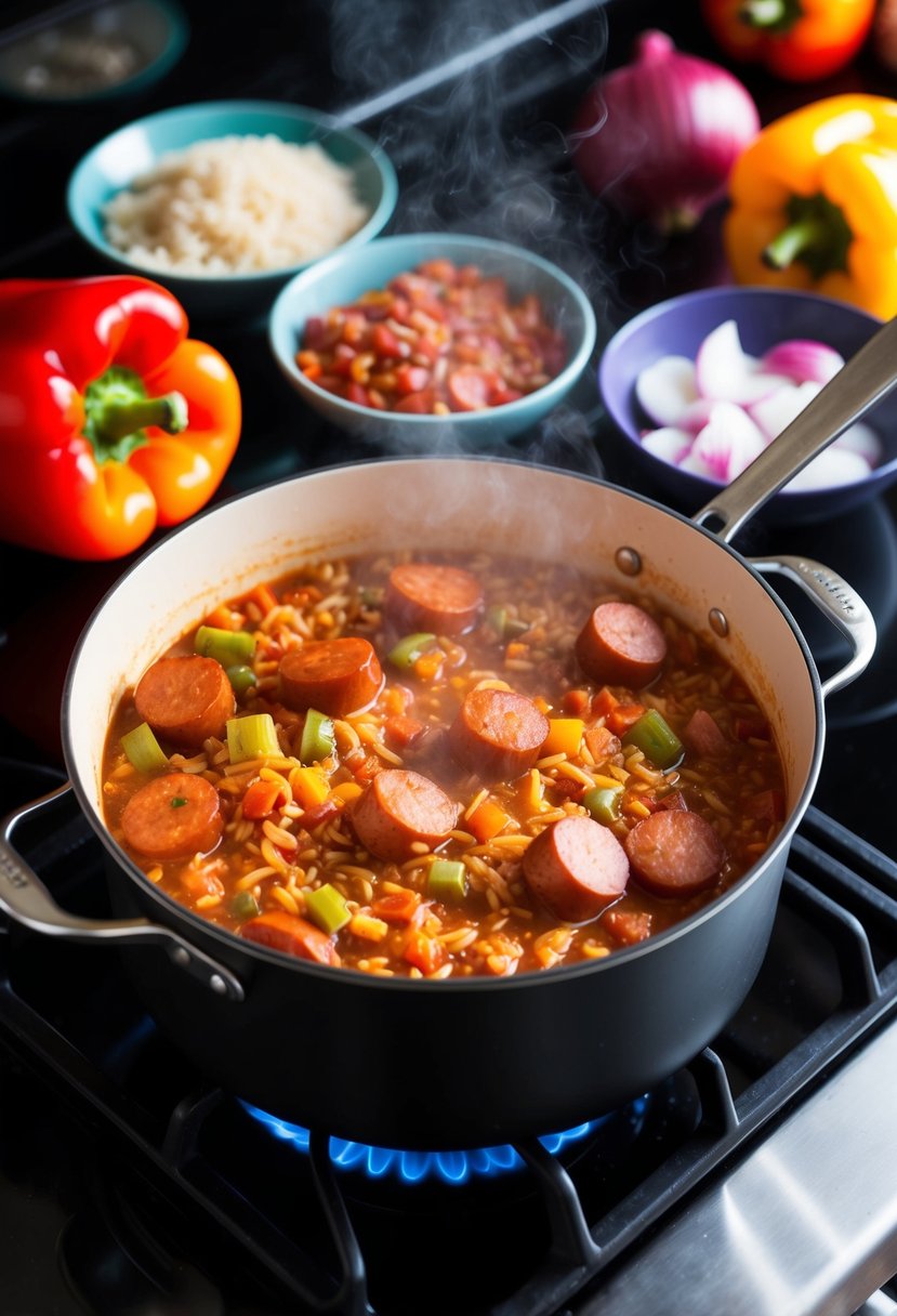 A steaming pot of kielbasa jambalaya simmering on a stovetop, surrounded by colorful ingredients like bell peppers, onions, and rice