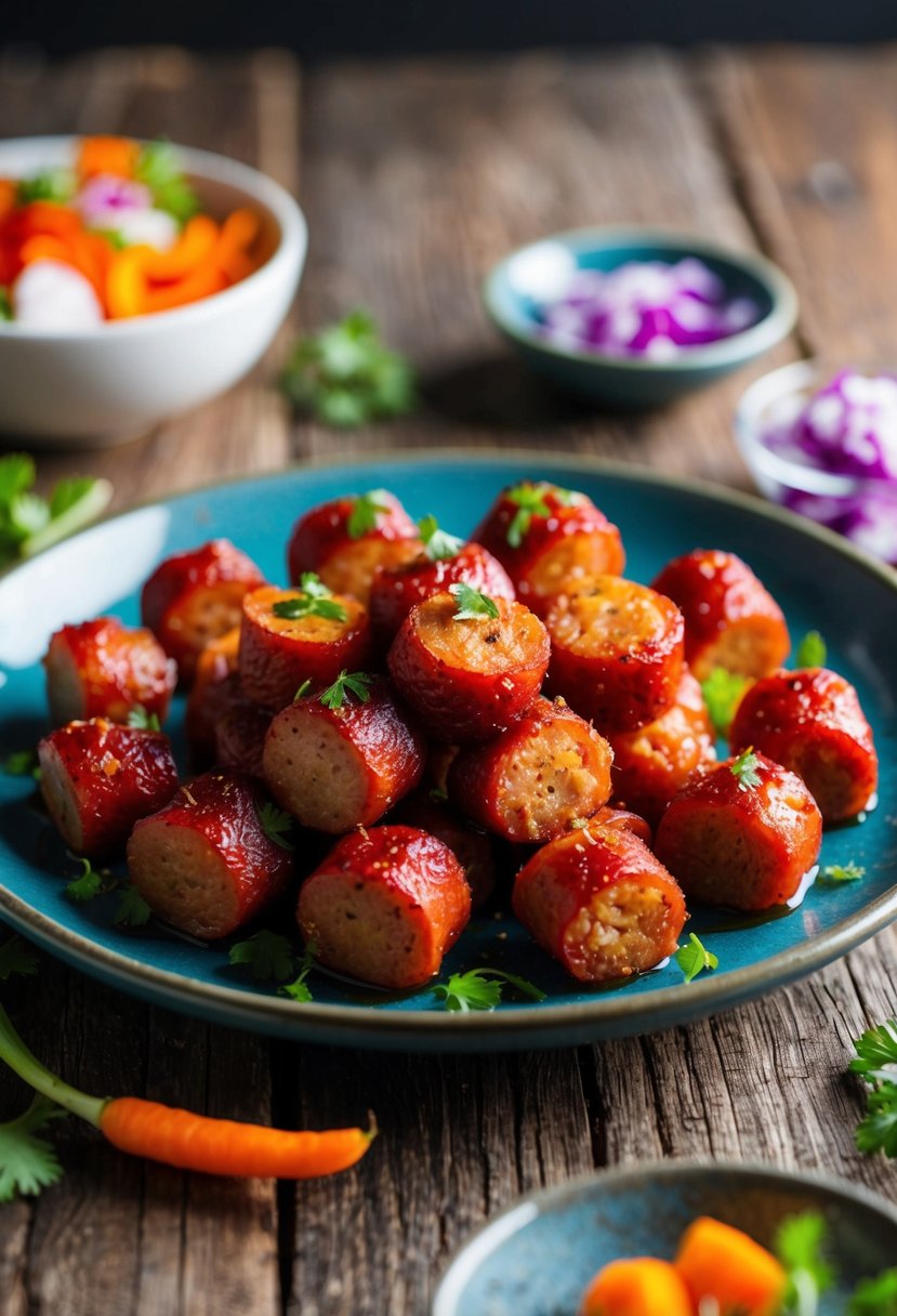 A platter of candied kielbasa bites surrounded by colorful garnishes on a rustic wooden table