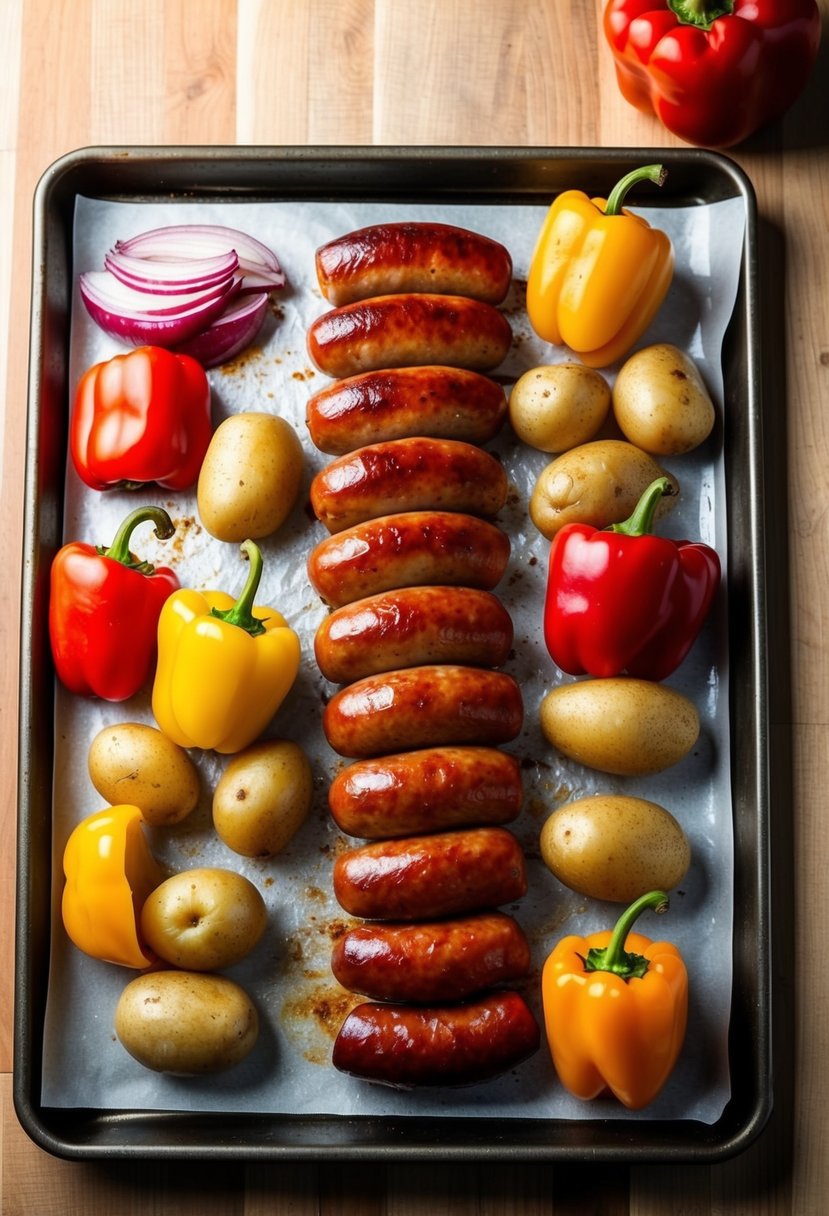 A colorful array of kielbasa, bell peppers, onions, and potatoes arranged on a sheet pan, ready to be roasted