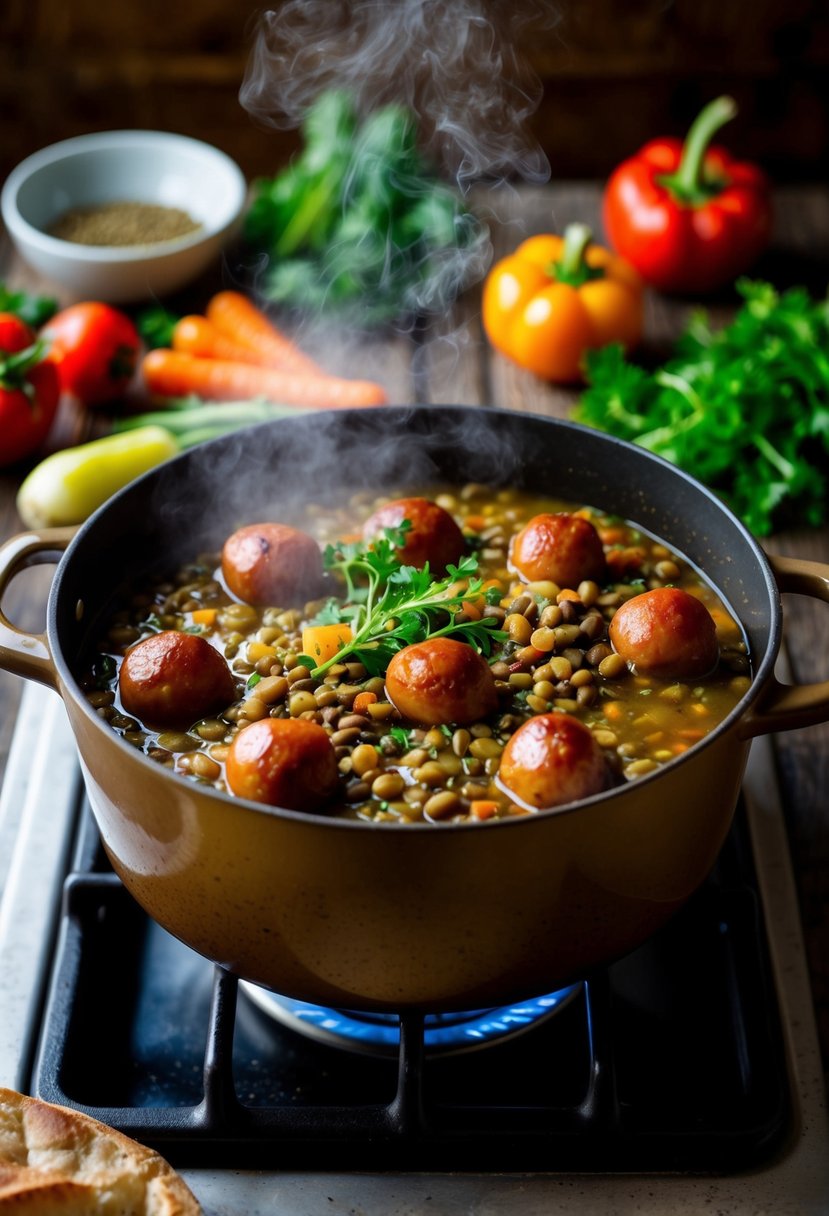 A steaming pot of kielbasa and lentil stew simmering on a rustic stove, with colorful vegetables and fragrant herbs scattered around