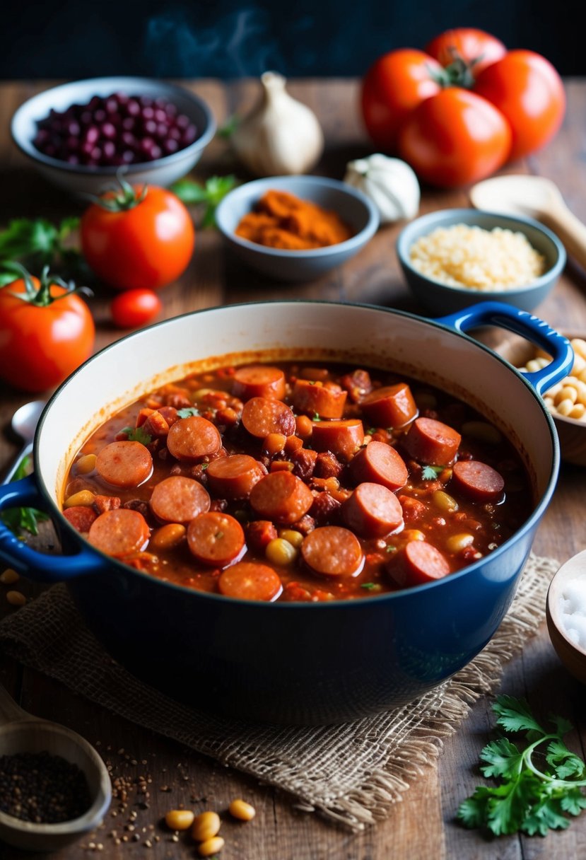 A pot of bubbling kielbasa chili surrounded by various ingredients like tomatoes, beans, and spices on a rustic kitchen counter