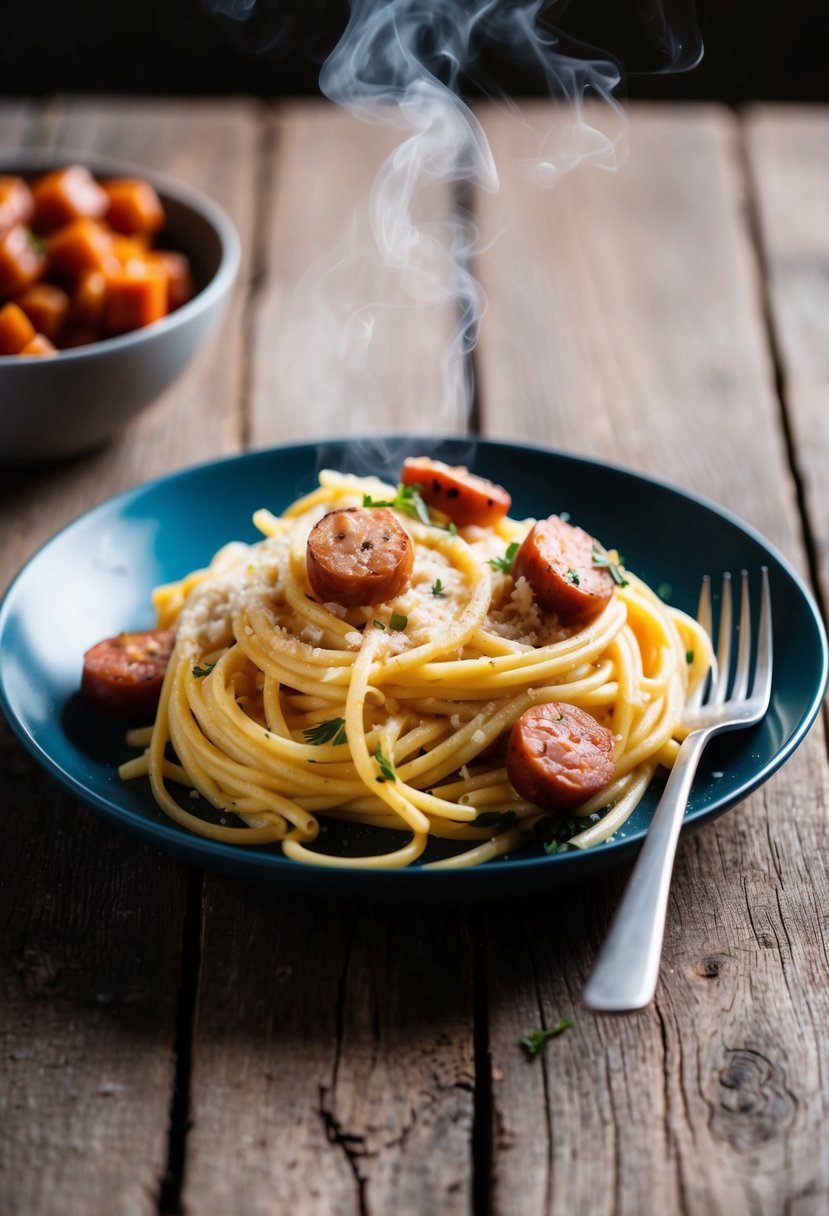 A steaming plate of Kielbasa Pasta Alfredo on a rustic wooden table