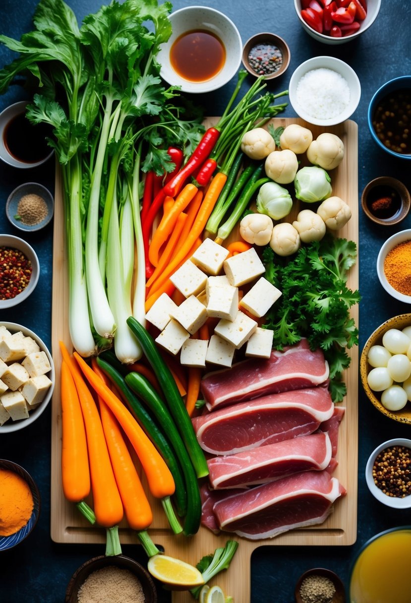 A colorful array of fresh vegetables, tofu, and lean meats arranged on a cutting board, surrounded by traditional Chinese spices and sauces