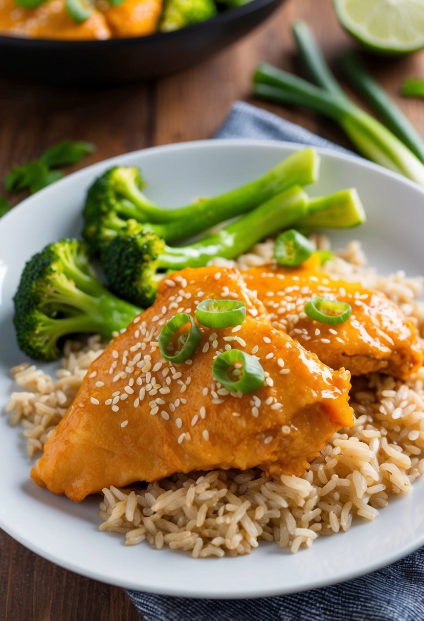 A plate of orange chicken with steamed broccoli and brown rice, garnished with sesame seeds and sliced green onions