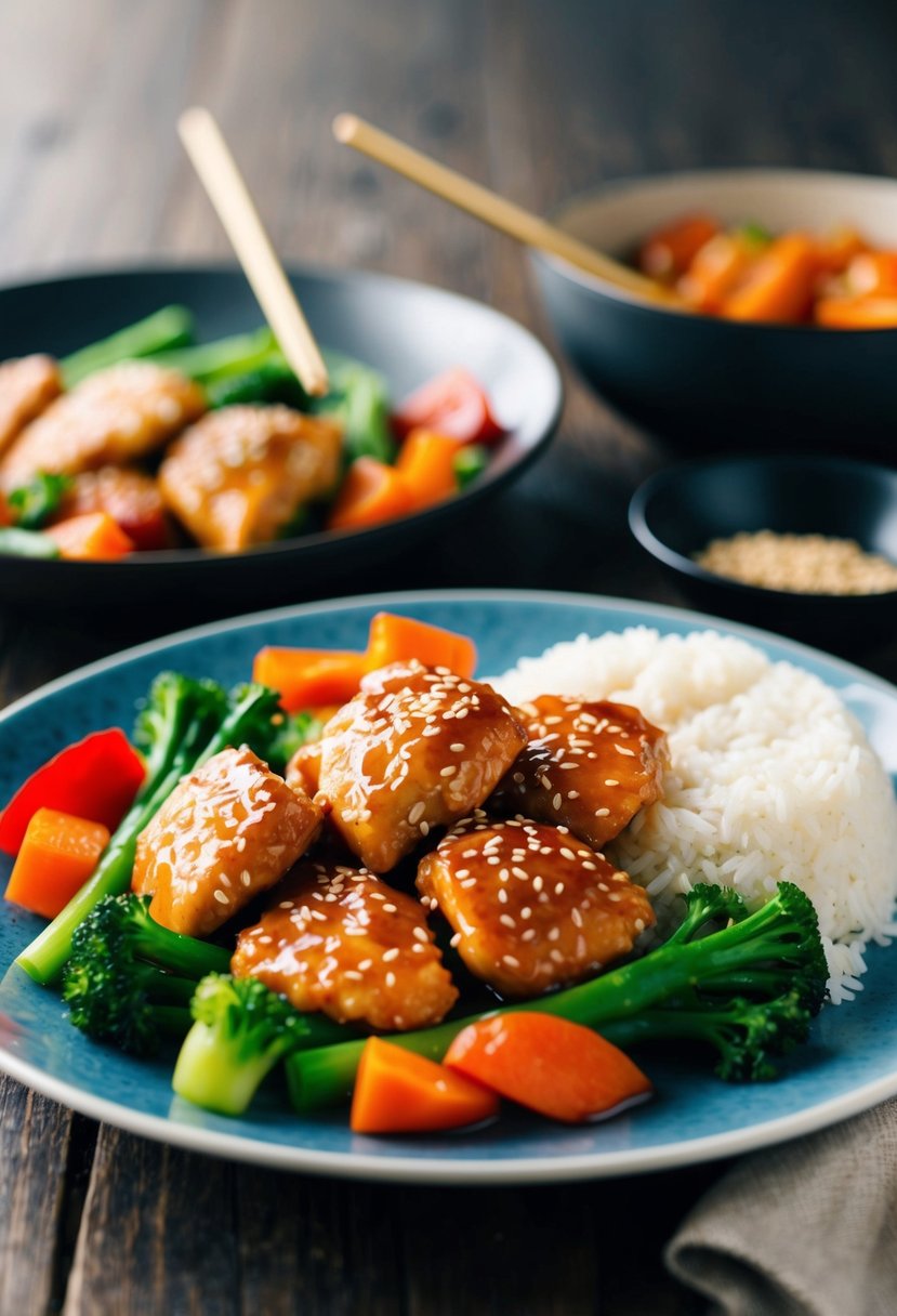 A plate of sesame chicken with colorful vegetables and a side of rice