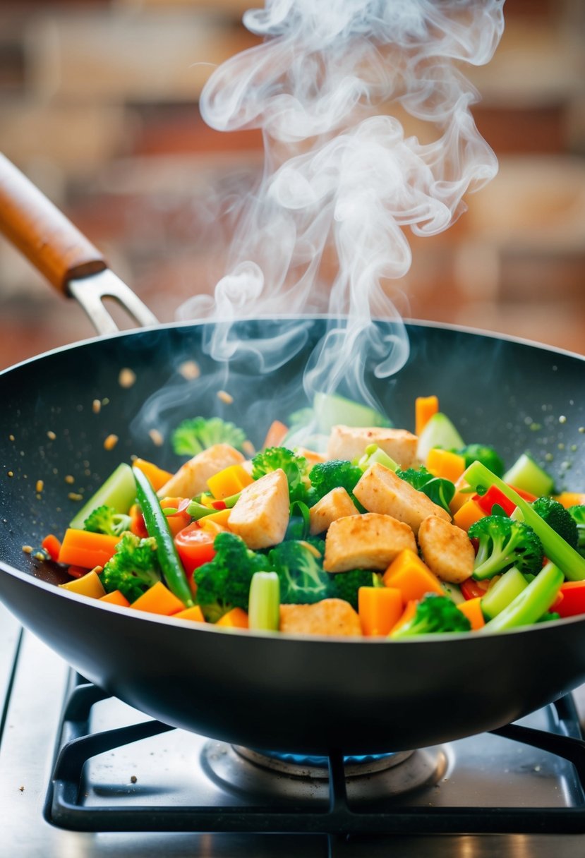 A colorful array of fresh vegetables and lean protein stir-frying in a wok, emitting aromatic steam