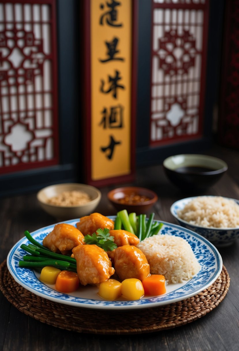 A colorful plate of low-calorie sweet and sour chicken with steamed vegetables and a side of brown rice, set against a backdrop of traditional Chinese decor