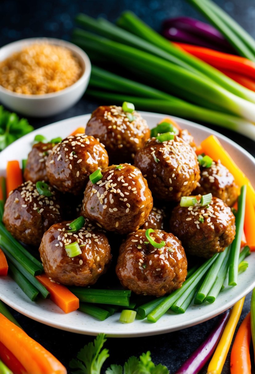 A platter of succulent Asian meatballs garnished with sesame seeds and green onions, surrounded by vibrant and colorful fresh vegetables