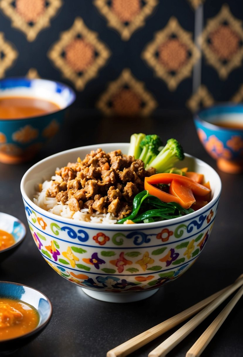 A colorful rice bowl filled with ground turkey, steamed vegetables, and savory sauce, surrounded by chopsticks and a decorative Asian-inspired backdrop