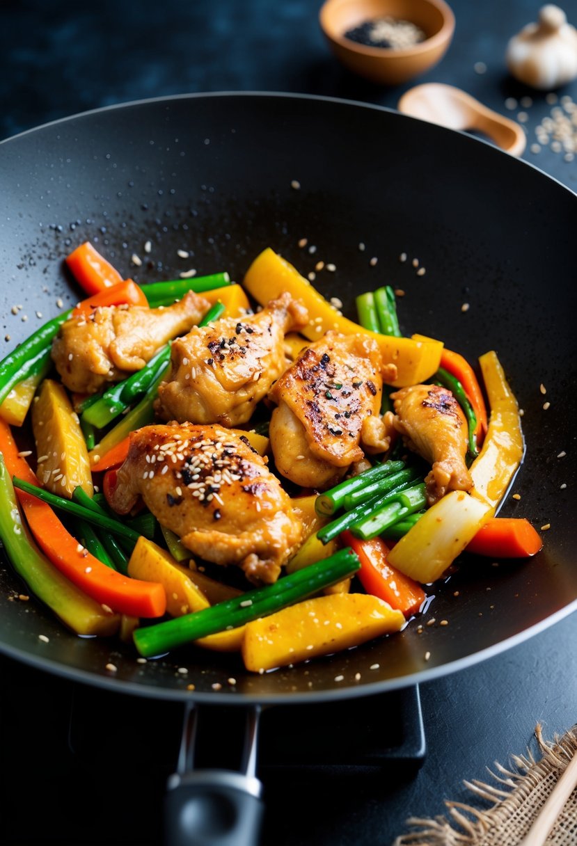 A sizzling wok of Chinese garlic chicken with colorful stir-fried vegetables and a sprinkle of sesame seeds