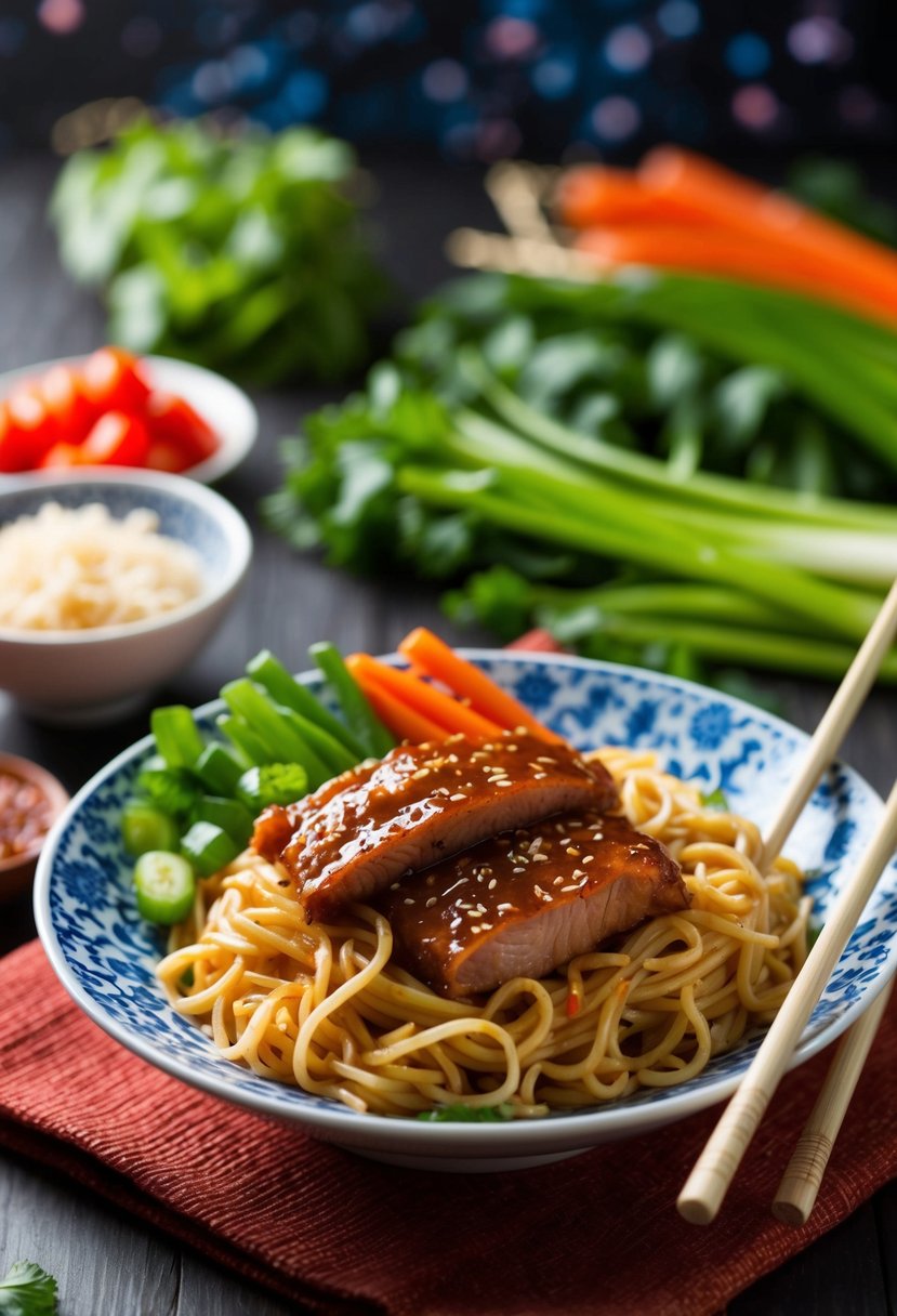 A bowl of hoisin pork and noodles surrounded by colorful vegetables and chopsticks