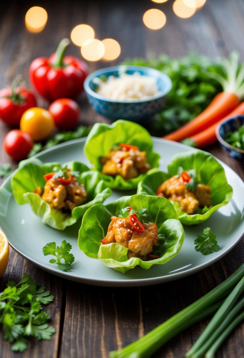 A plate of Asian chicken lettuce cups surrounded by colorful vegetables and herbs on a wooden table