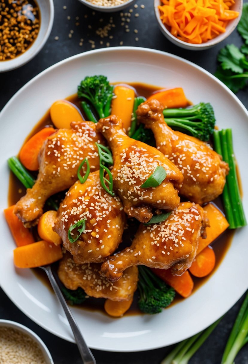 A plate of sweet and spicy Chinese chicken surrounded by colorful vegetables and garnished with sesame seeds