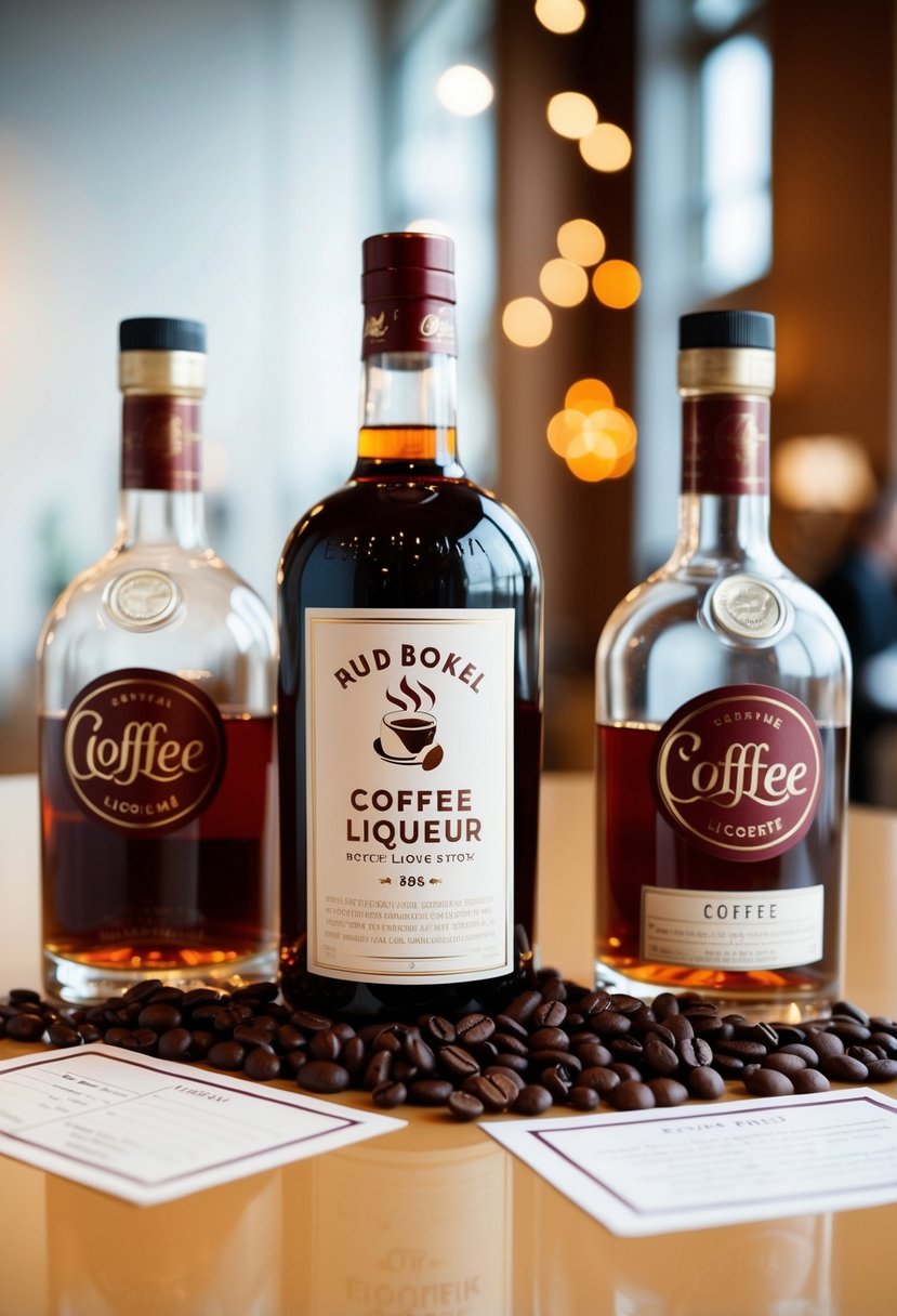 A table with bottles of coffee liqueur, coffee beans, and recipe cards