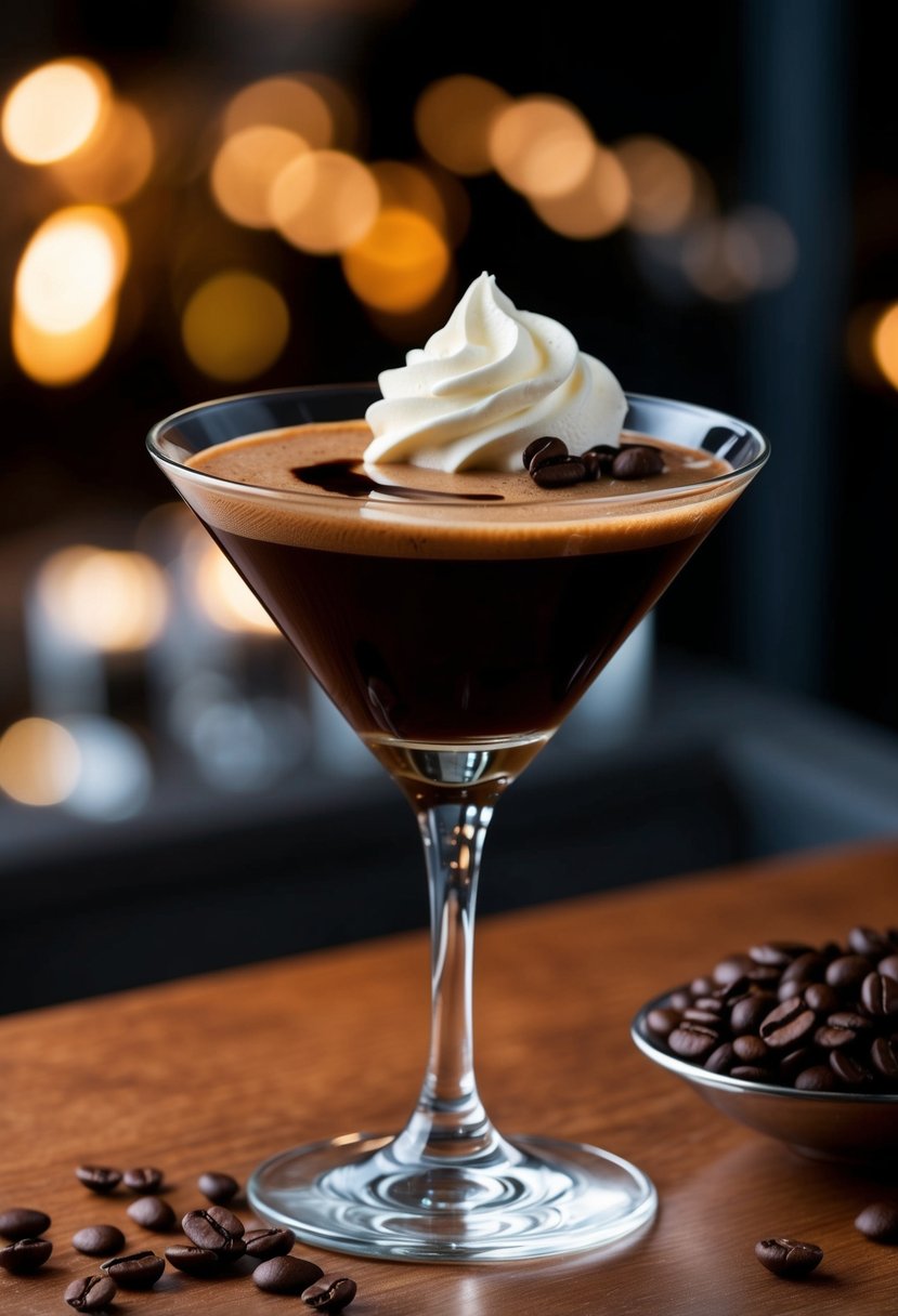 A sleek martini glass filled with a rich, dark Espresso Martini, garnished with coffee beans and a swirl of cream on top