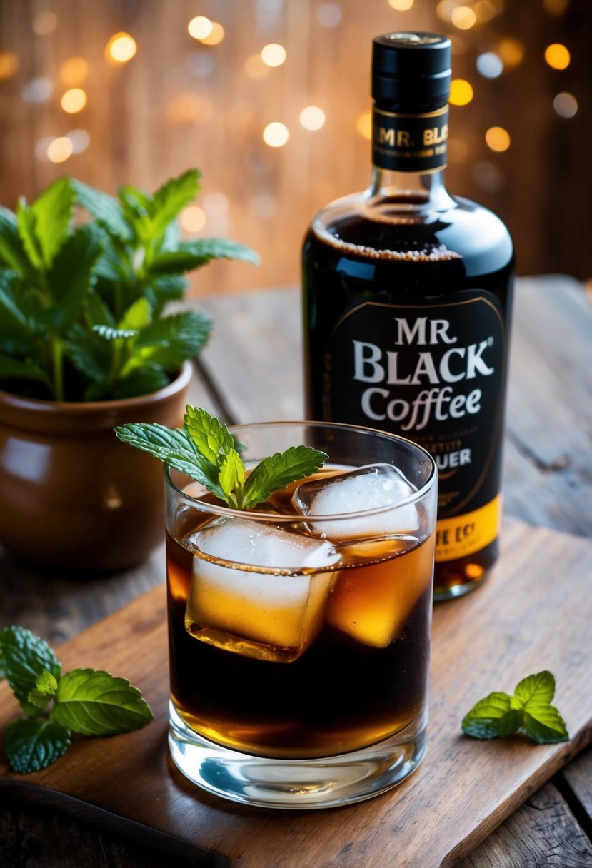 A glass of cold brew Irish coffee with Mr Black coffee liqueur, ice cubes, and a sprig of mint, set on a rustic wooden table