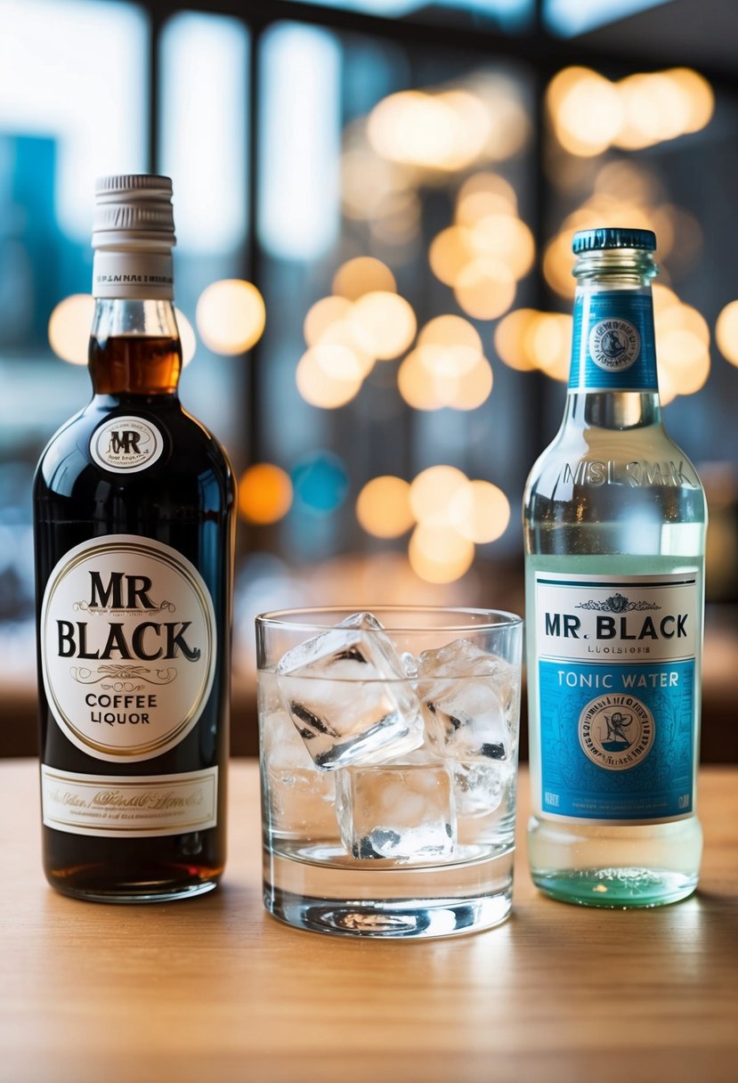 A glass filled with ice, with a bottle of Mr Black coffee liqueur and a bottle of tonic water next to it