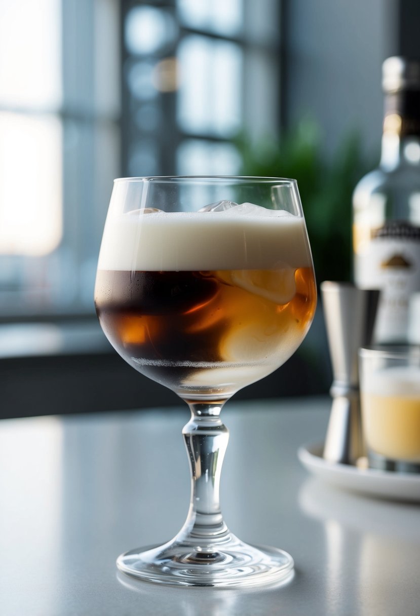 A glass filled with White Russian cocktail ingredients, including vodka, coffee liqueur, and cream, on a clean, modern surface