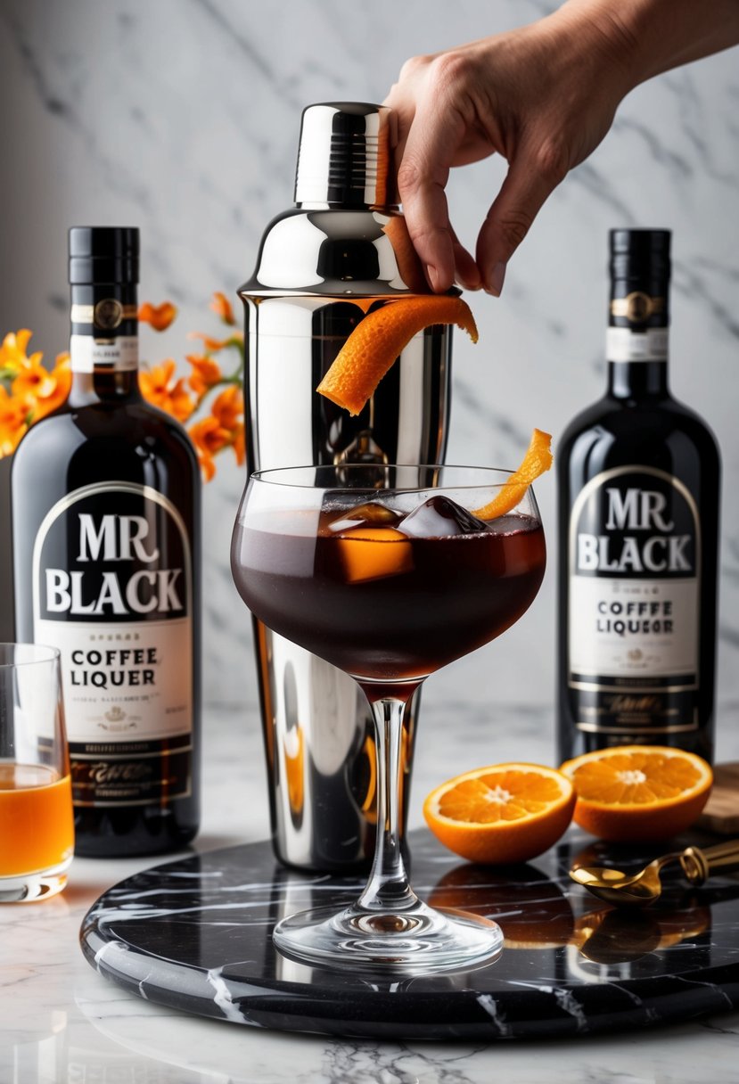 A sleek cocktail shaker sits on a marble countertop, surrounded by bottles of Mr Black coffee liqueur and other ingredients. A glass filled with a dark, rich Negroni is being garnished with a twist of orange peel