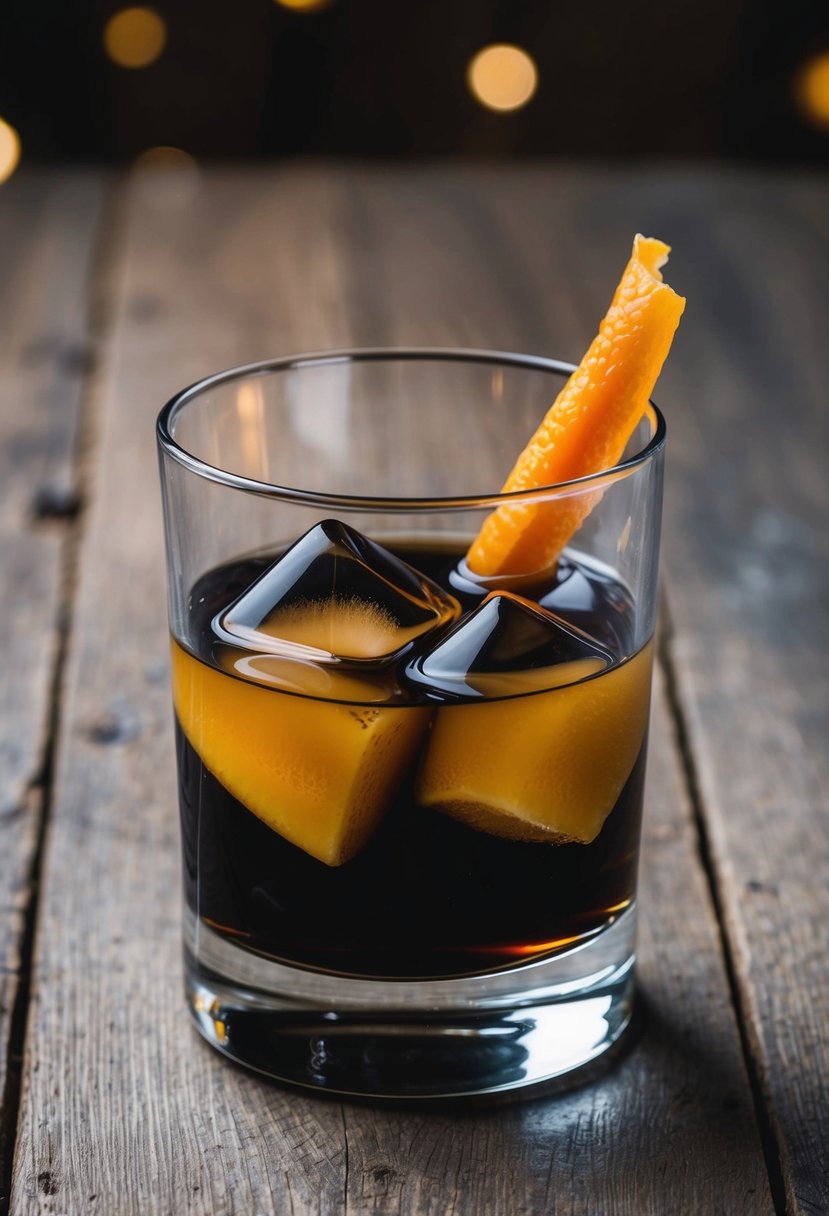 A sleek glass filled with dark liquid, ice cubes, and a twist of orange peel, sitting on a rustic wooden table