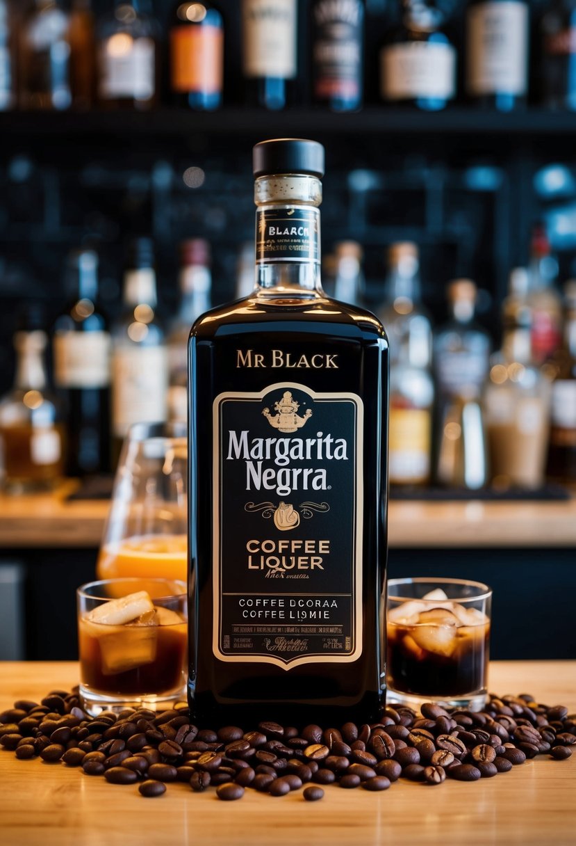 A sleek bottle of Mr Black Margarita Negra coffee liqueur surrounded by coffee beans and cocktail ingredients on a bar counter