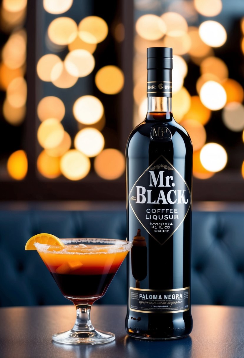 A dark, elegant bottle of Mr. Black coffee liqueur sits next to a vibrant paloma negra cocktail. The rich, black liquid contrasts with the bright citrus and deep red of the drink