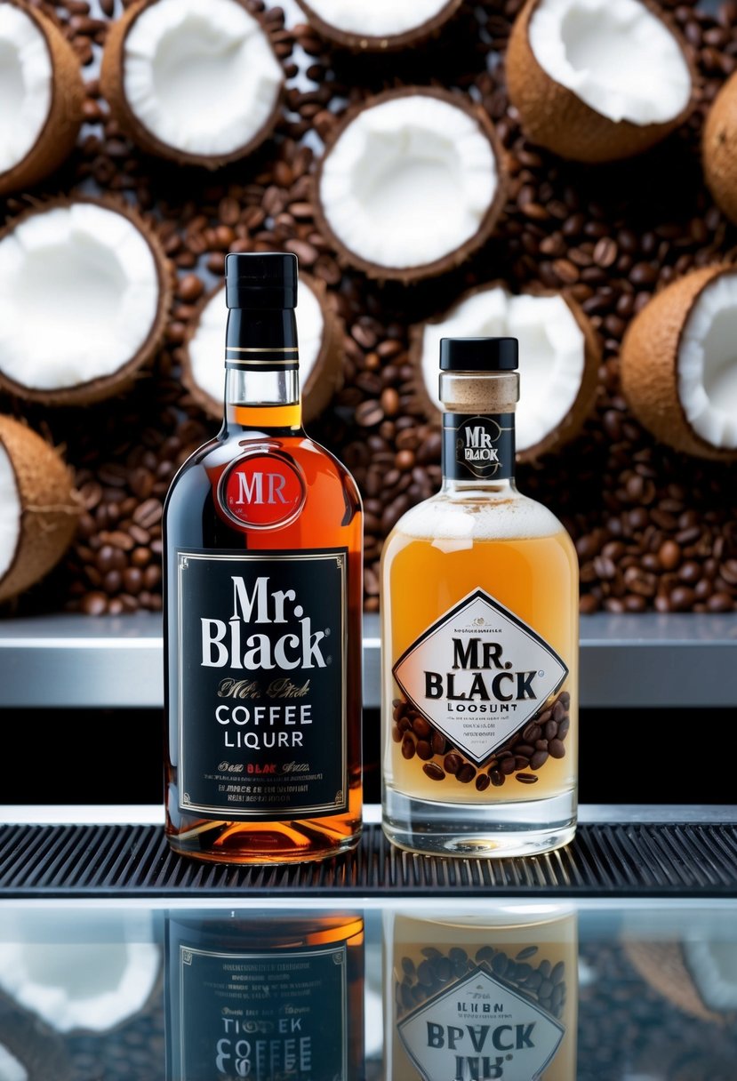 A bottle of Mr. Black coffee liqueur and a coconut rum fusion on a sleek, modern bar counter with a backdrop of coffee beans and coconuts