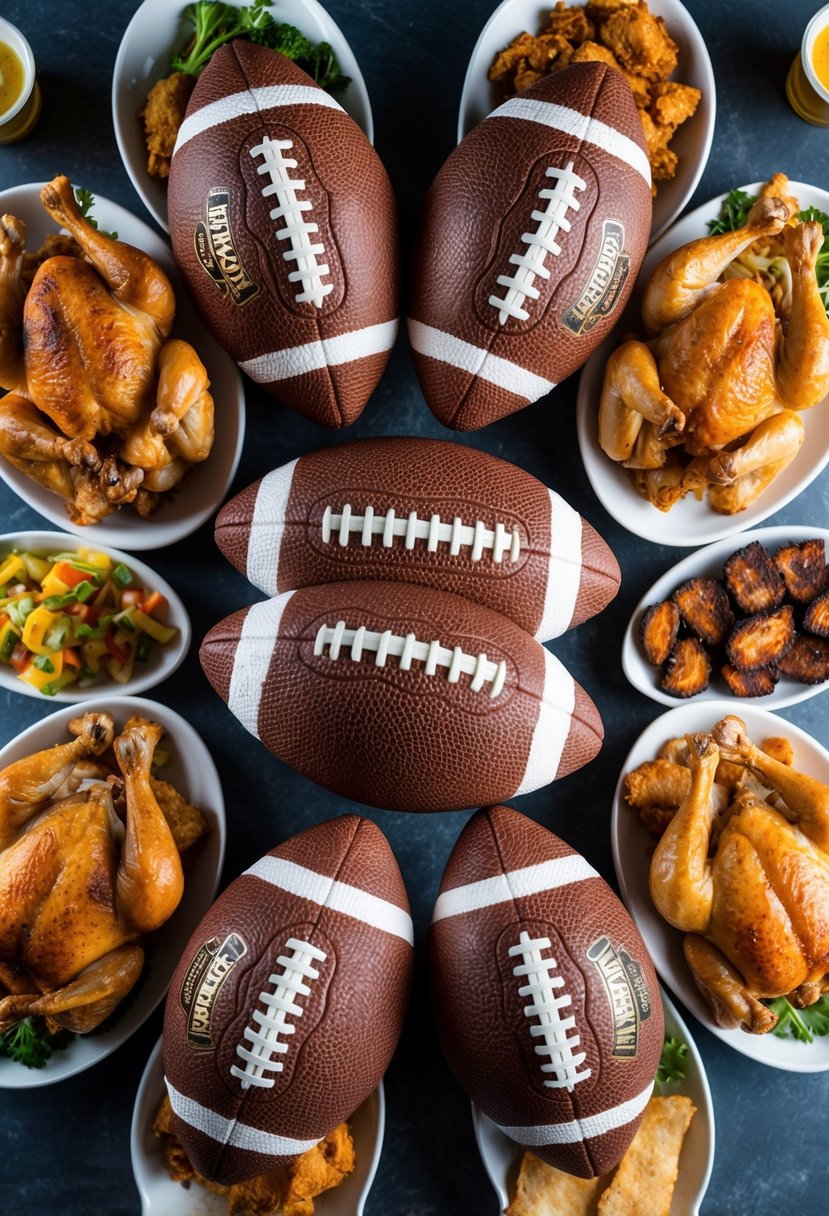 A group of footballs surrounded by a variety of chicken dishes, including grilled, fried, and roasted options